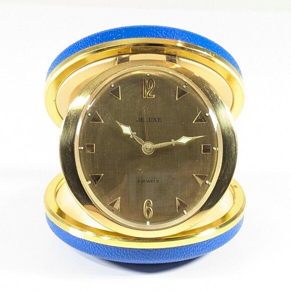 vintage mcm Deluxe travel alarm clock 7 jewels Germany round travel WORKS - Picture 2 of 14